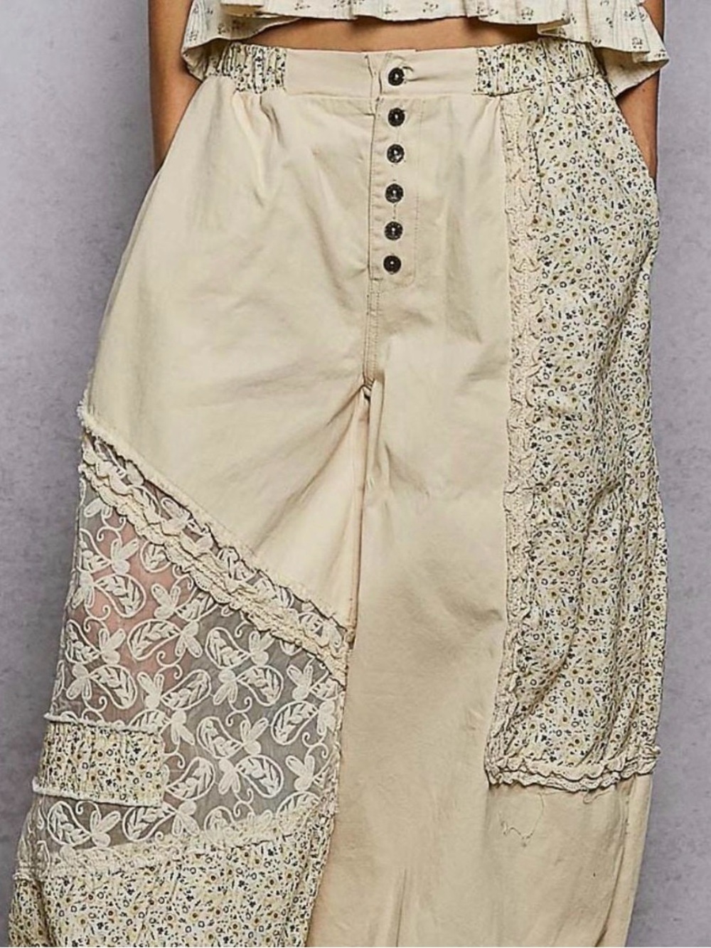 Boho Cream Patchwork Wide-Leg Pants